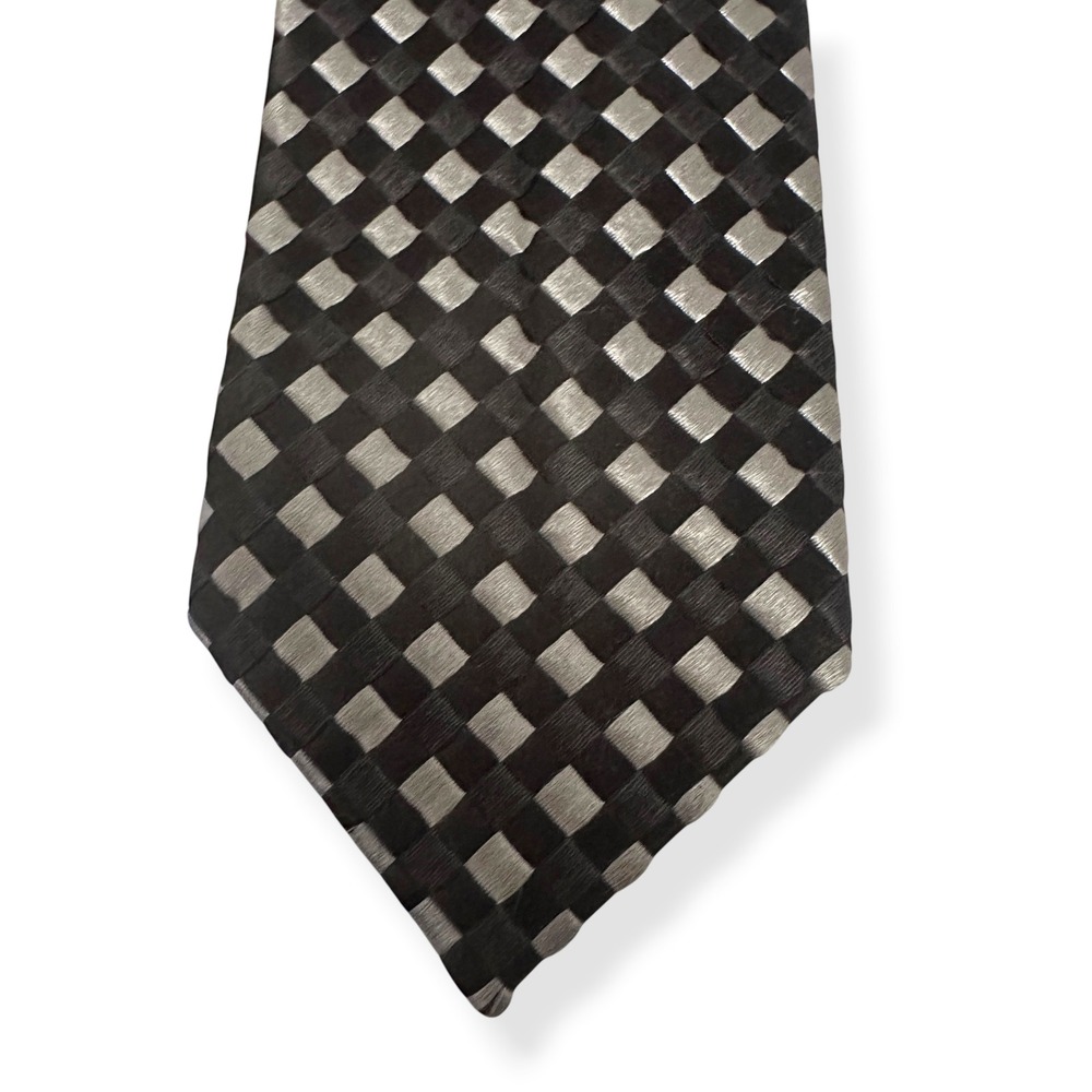 Yves Saint Laurent Rive Tie Silk Black Silver Checkered Textured Designer Men OS - Picture 2 of 7